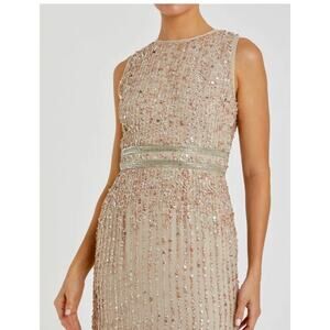 Beige Sequined Nude High Neck Sleeveless Hand Beaded Column Gown Sz 0